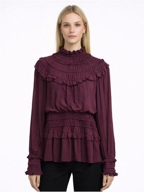 FARM Rio Blouse Ruffle High Neck Sheer Chiffon Burgundy Size Small NWT
